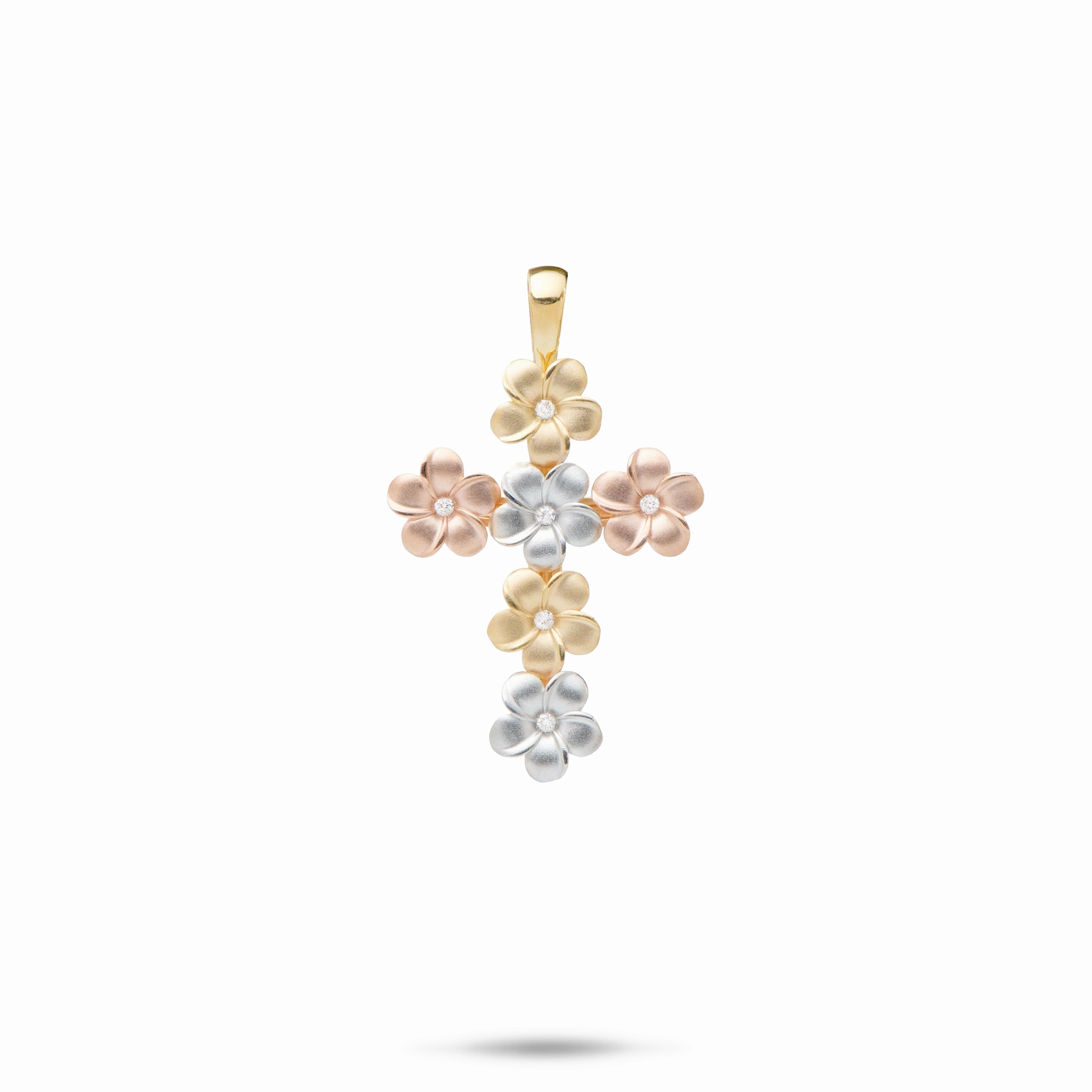 Plumeria Cross Pendant with Diamonds in Tri Color Gold - 25mm Timeless Flow Formal Attire