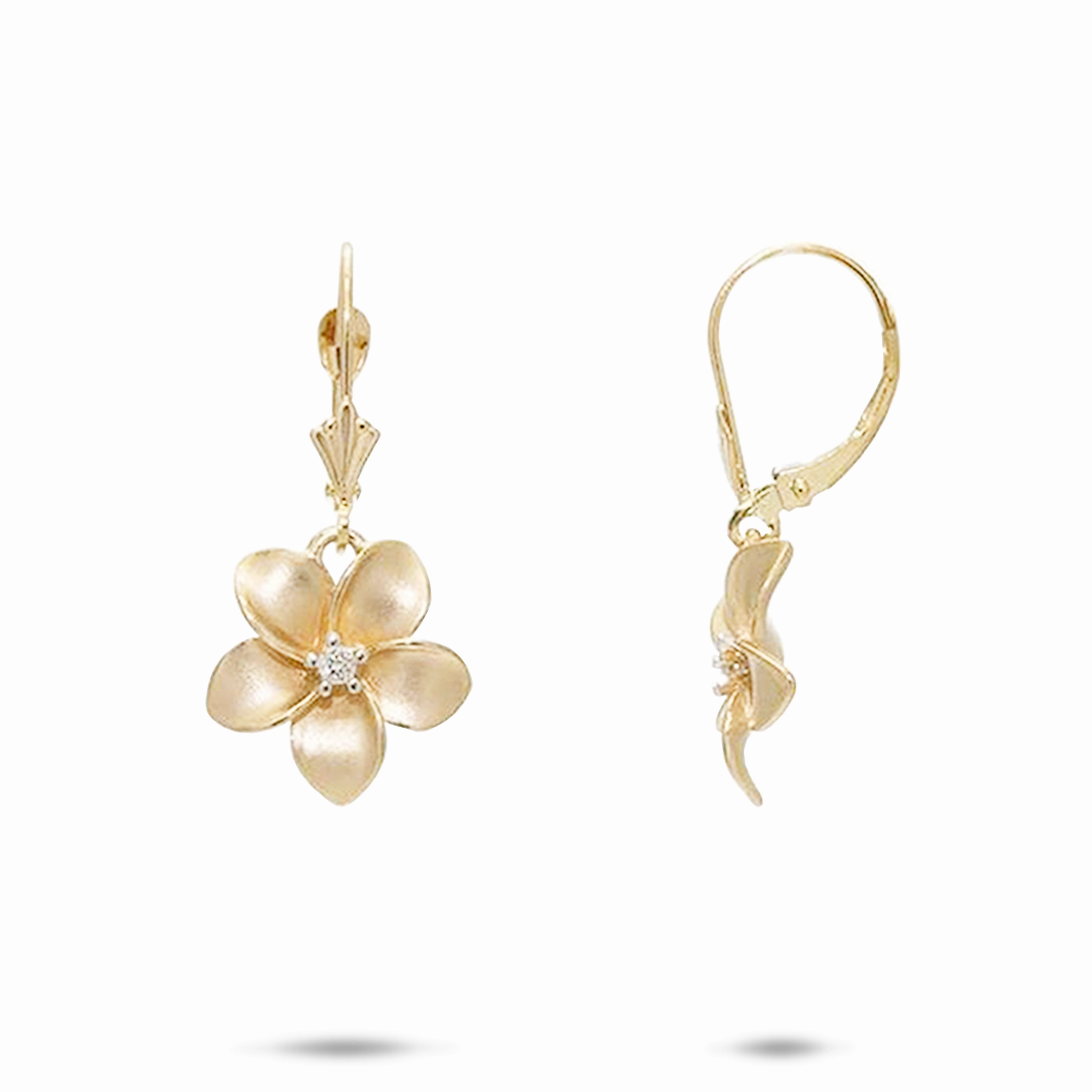Charming Jewelry Polished Feature Plumeria Earrings in Gold with Diamonds - 13mm