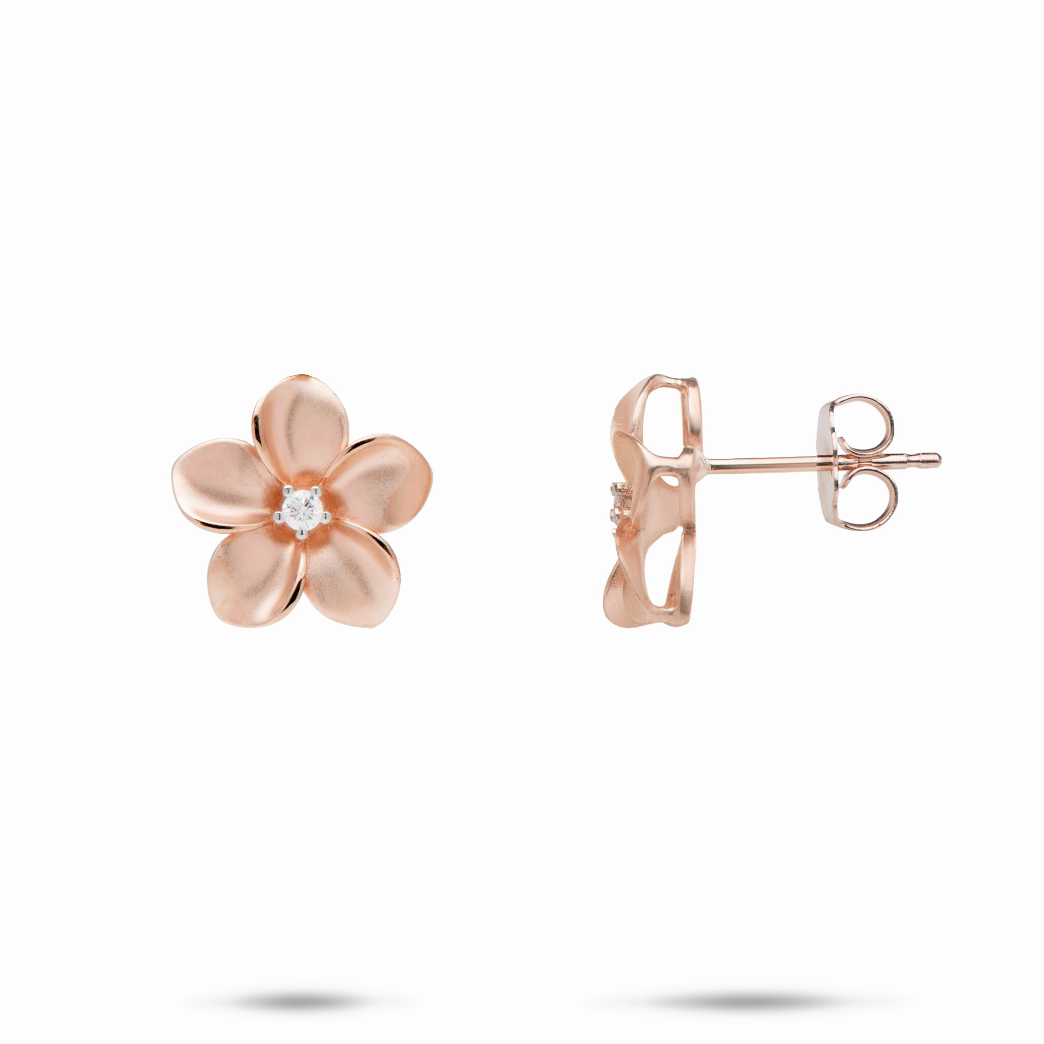 Plumeria Earrings in Rose Gold with Diamond - 13mm Graceful Twist Natural Look