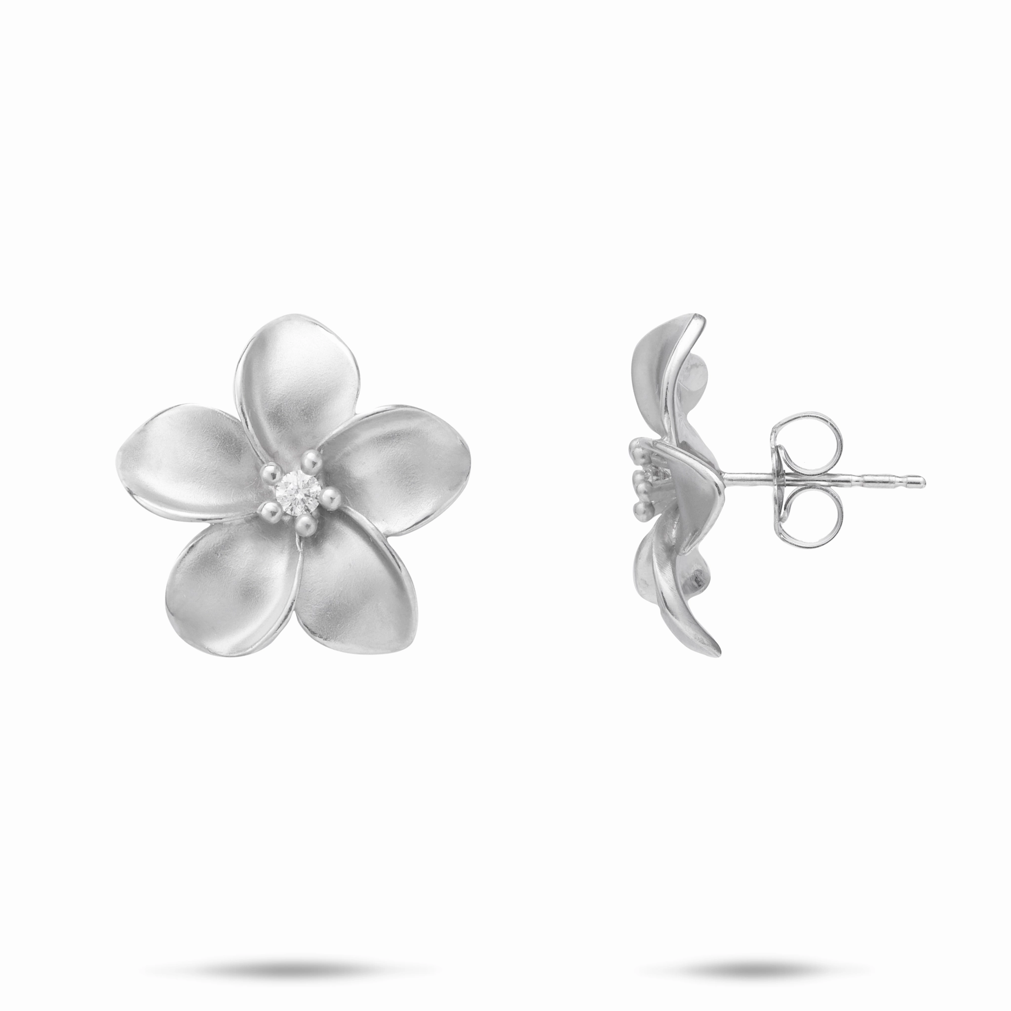 Party Finish Plumeria Earrings in White Gold with Diamonds - 18mm