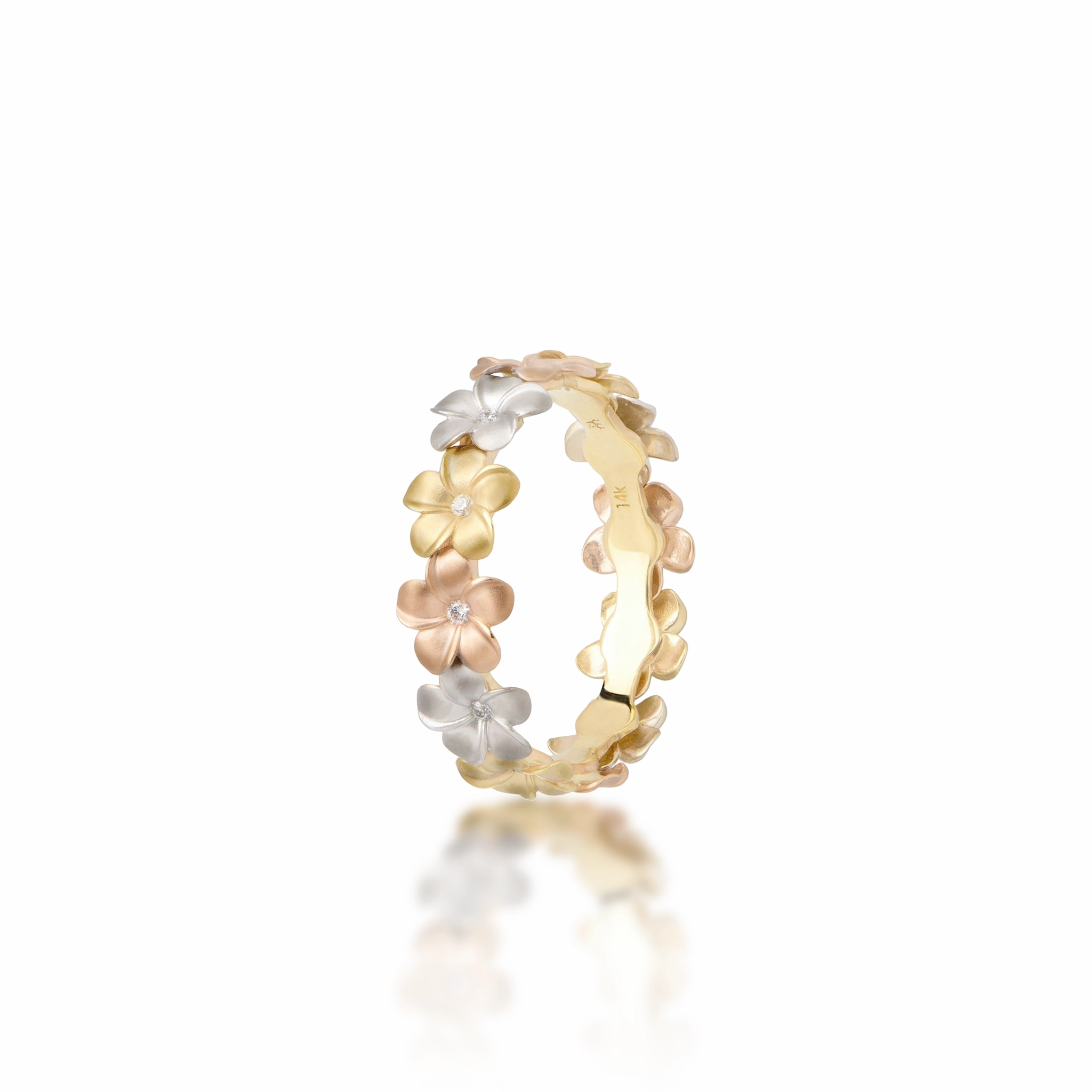 All Day Wear Plumeria Eternity Ring in Tri Color Gold with Diamonds - 5mm