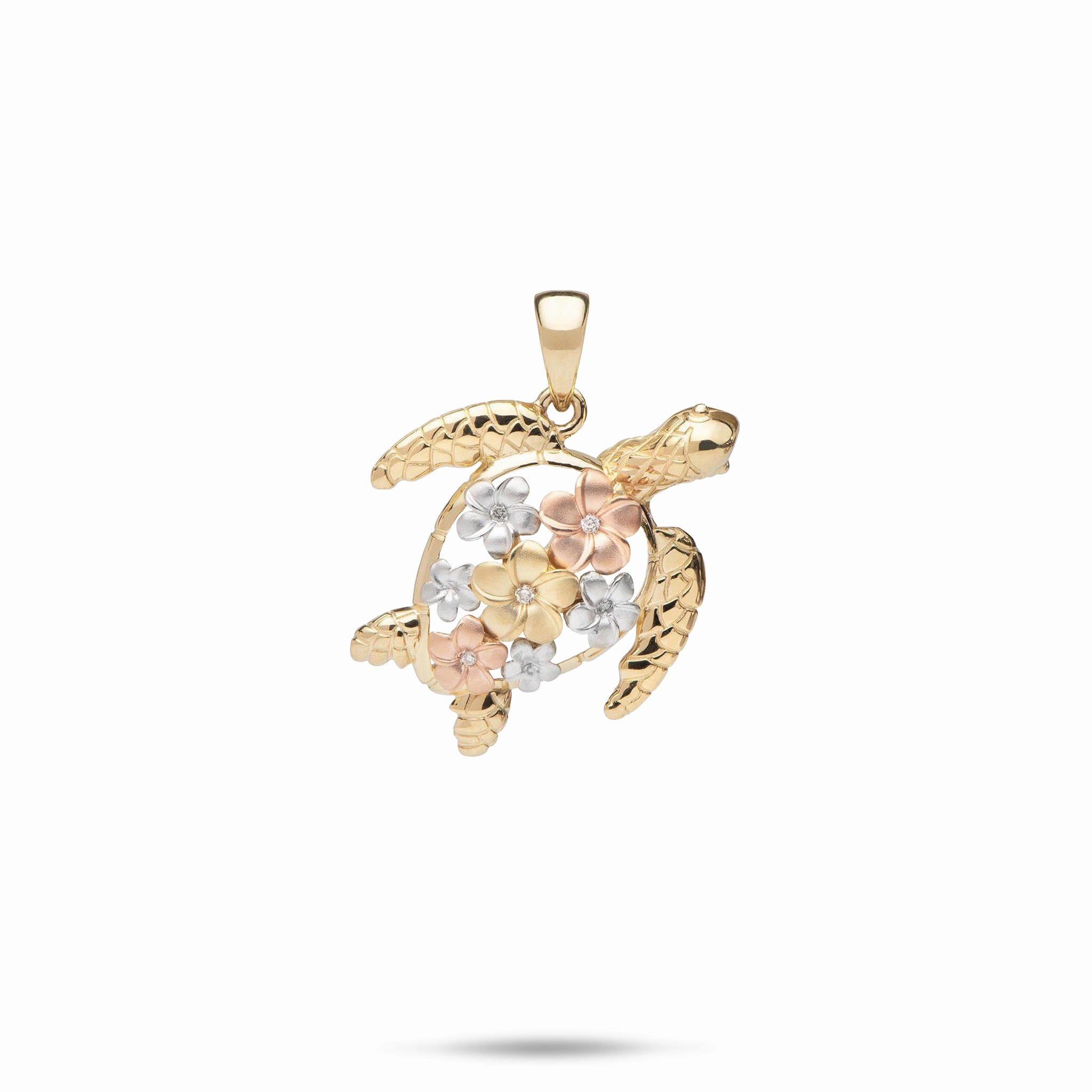 Plumeria Honu (Turtle) Pendant in Tri Color Gold with Diamonds - 18mm Sparkle Touch Shine Moment