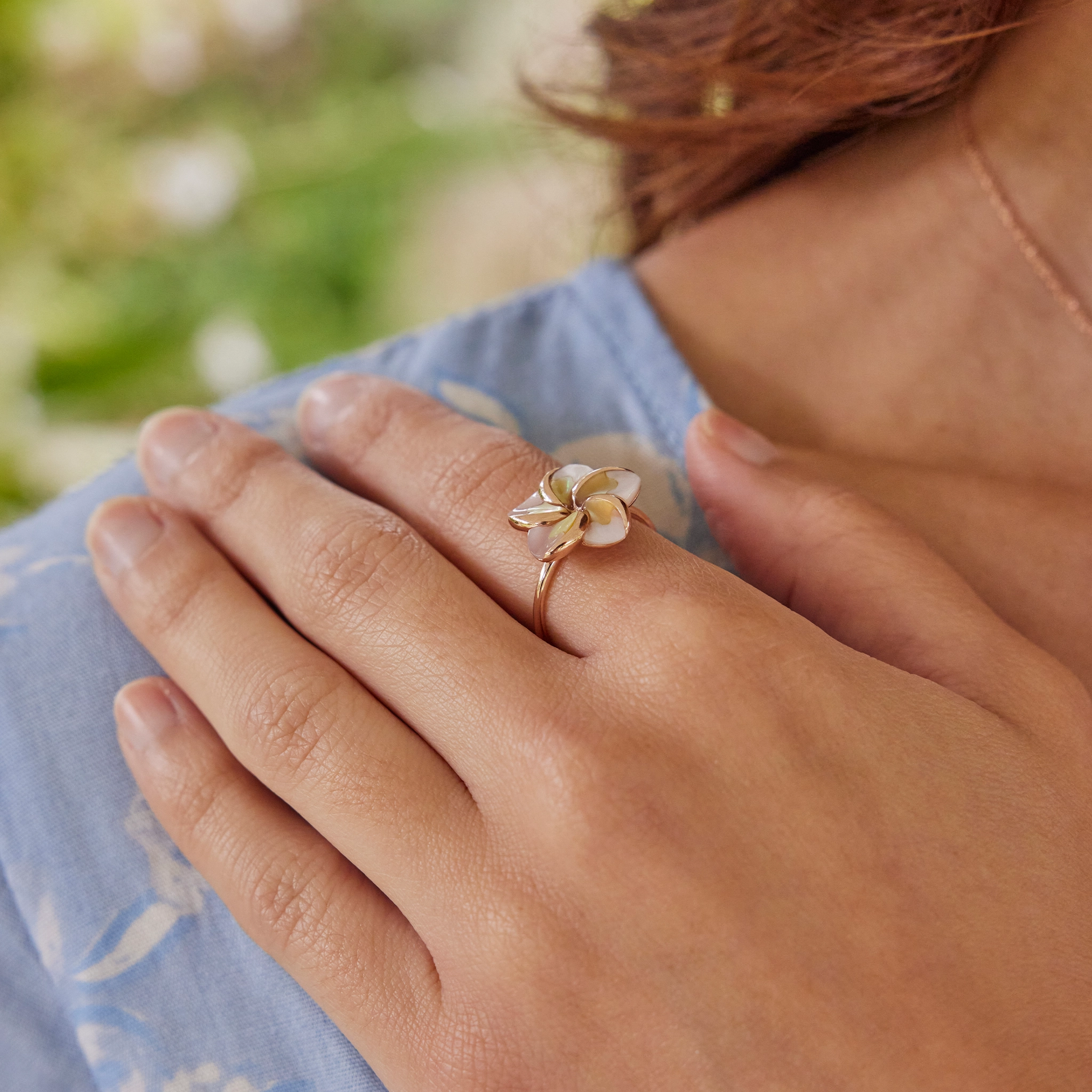 Refined Style Festive Wear Plumeria Mother of Pearl Ring in Rose Gold - 16mm