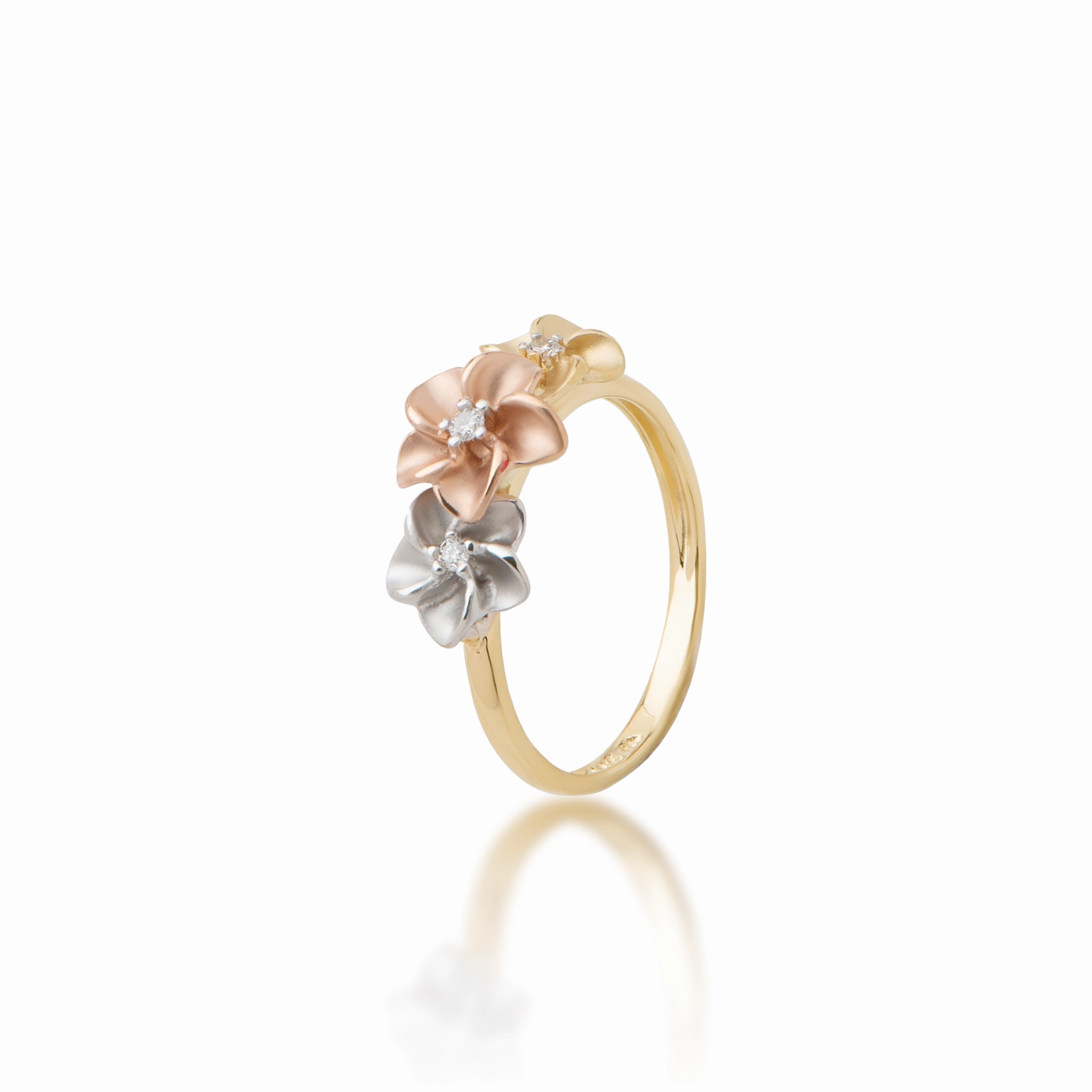 Beautiful finish Fashionable Touch Plumeria Ring in Tri Color Gold with Diamonds - 8mm
