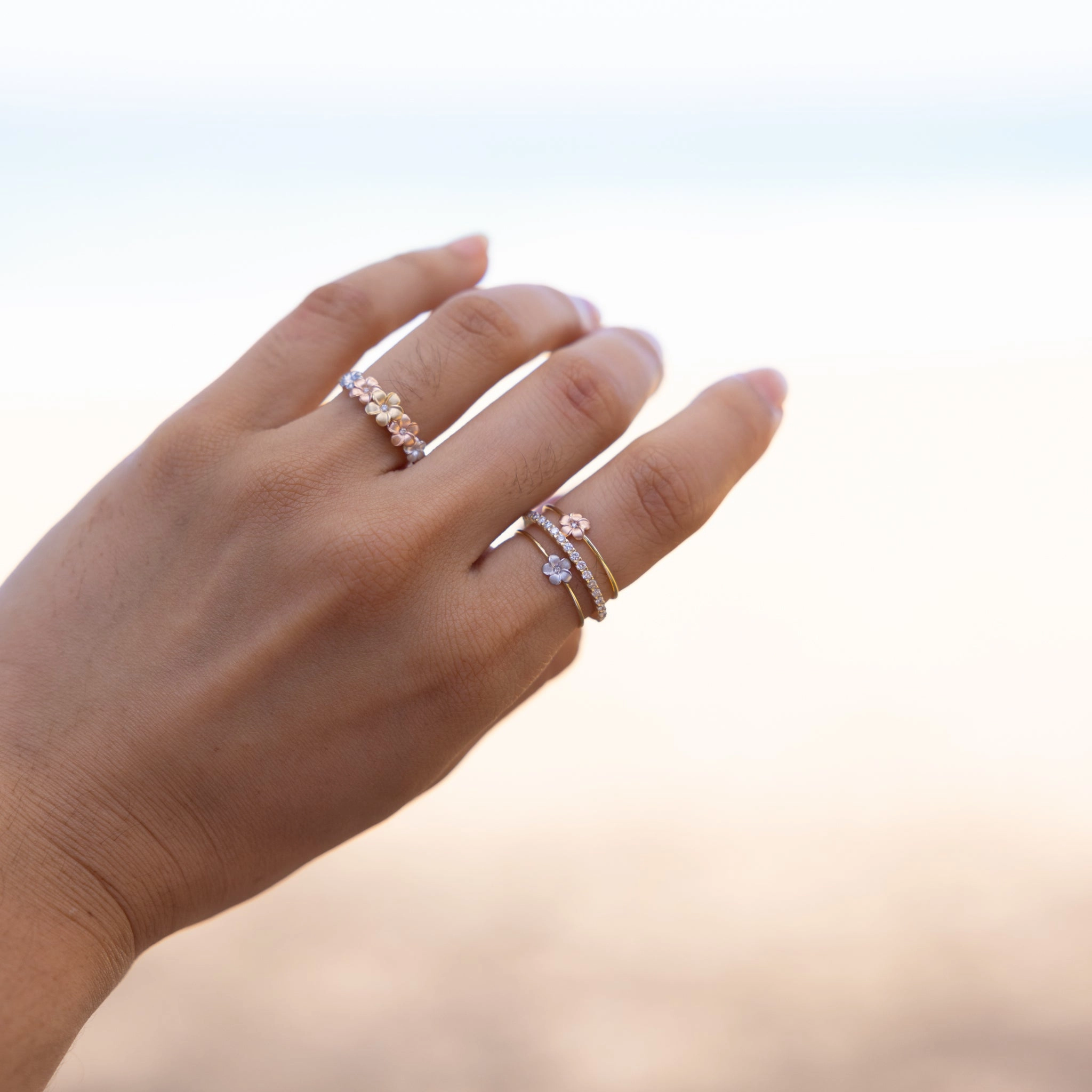 Plumeria Ring in Two Tone Gold with Diamond - 5mm Handcrafted Beauty Shimmering Highlight