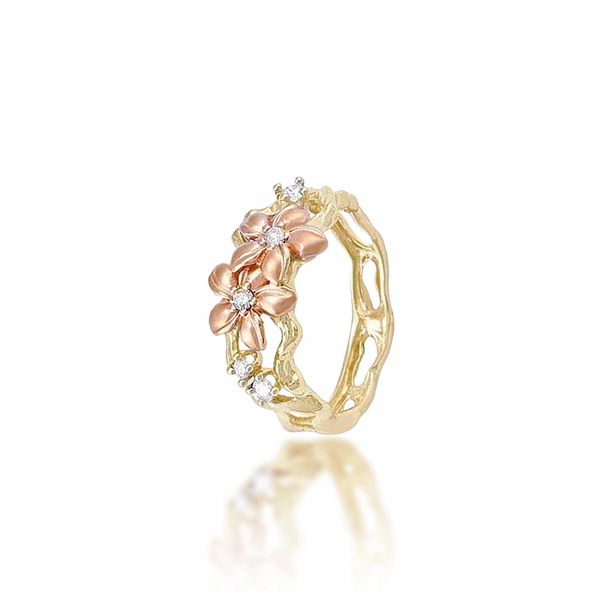 Plumeria Ring in Two Tone Gold with Diamonds - 10mm Fresh Accent