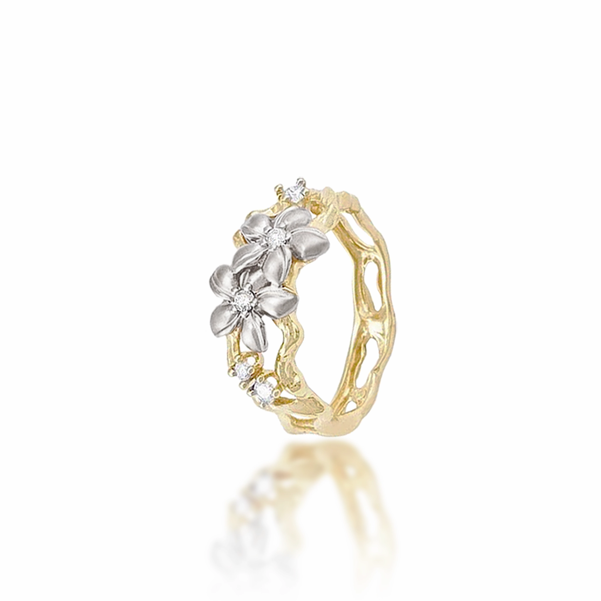 Minimalist Accent Plumeria Ring in Two Tone Gold with Diamonds - 10mm