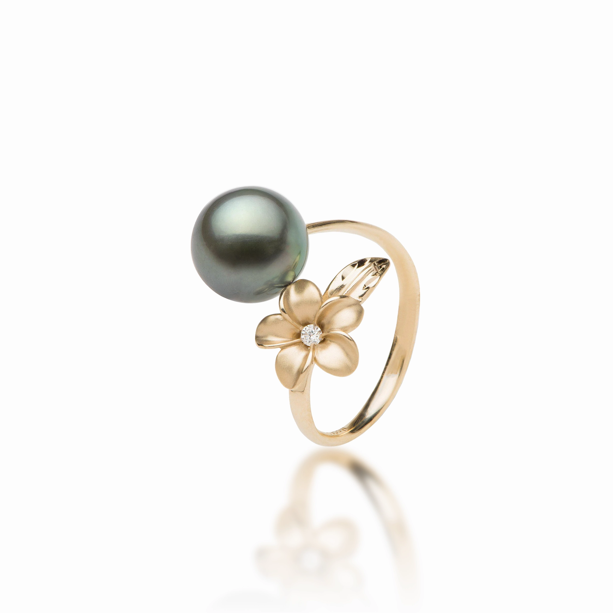 Elegant Choice Plumeria Tahitian Black Pearl Ring in Gold with Diamond - 9mm