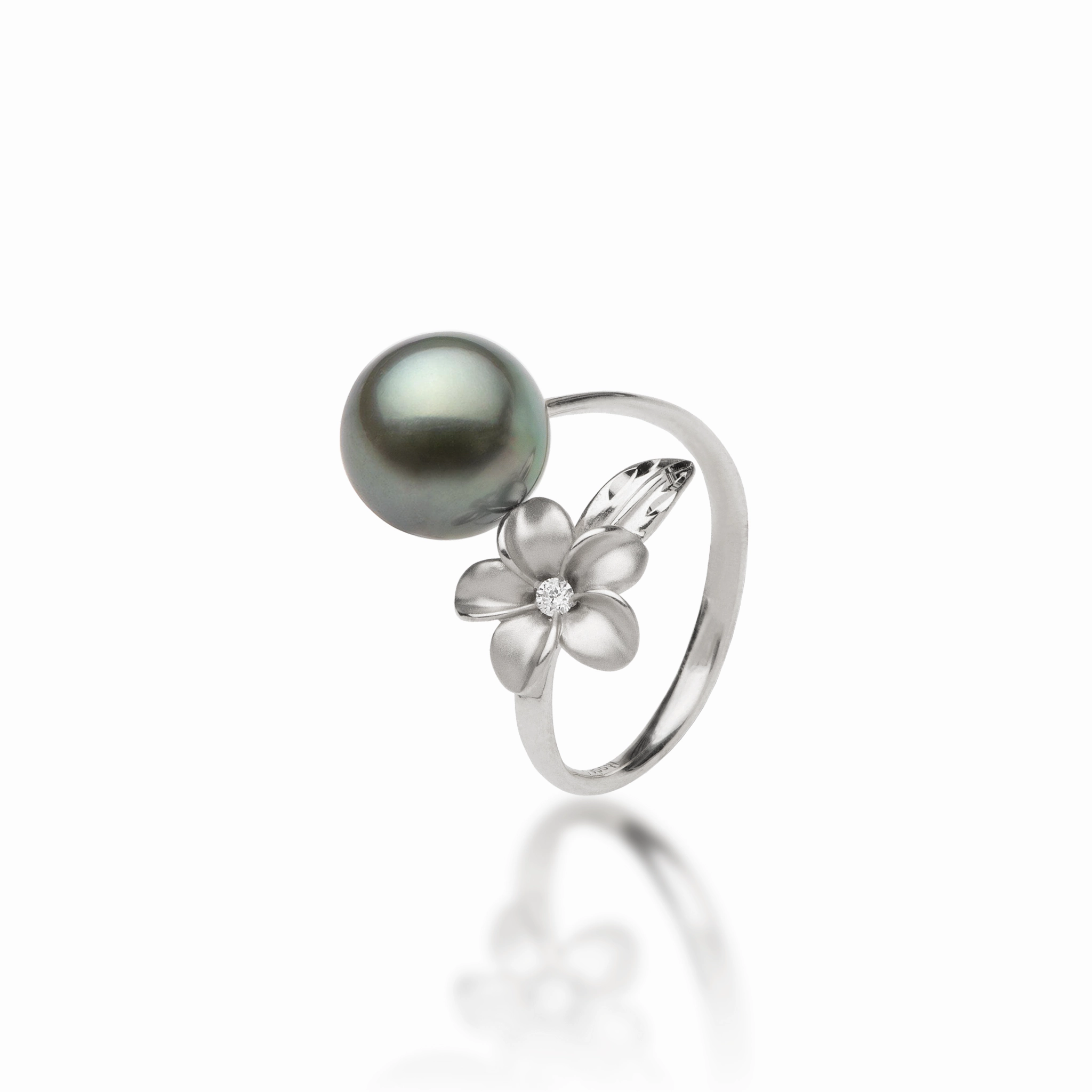 Plumeria Tahitian Black Pearl Ring in White Gold with Diamond - 10-11mm Glow Ready Polished Radiance