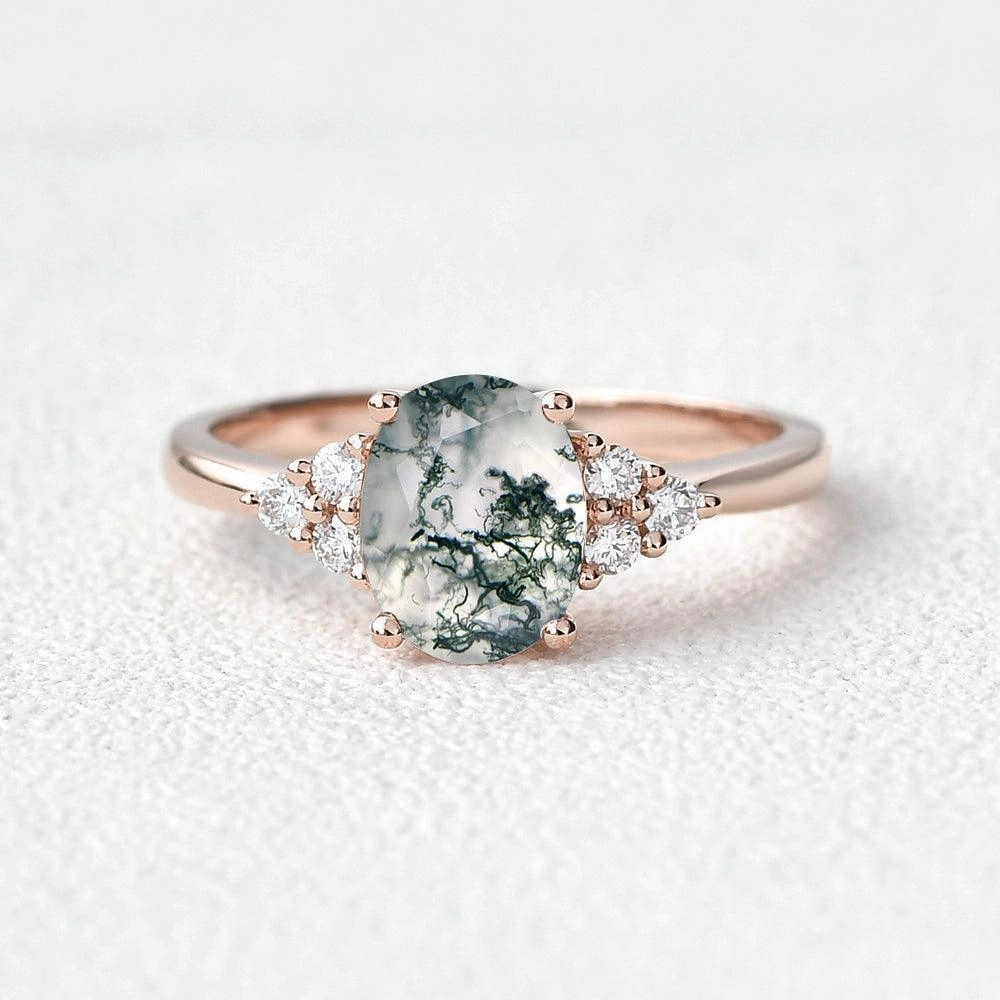Premium Touch Oval Moss Agate Classic Cluster Engagement Ring - Aurora