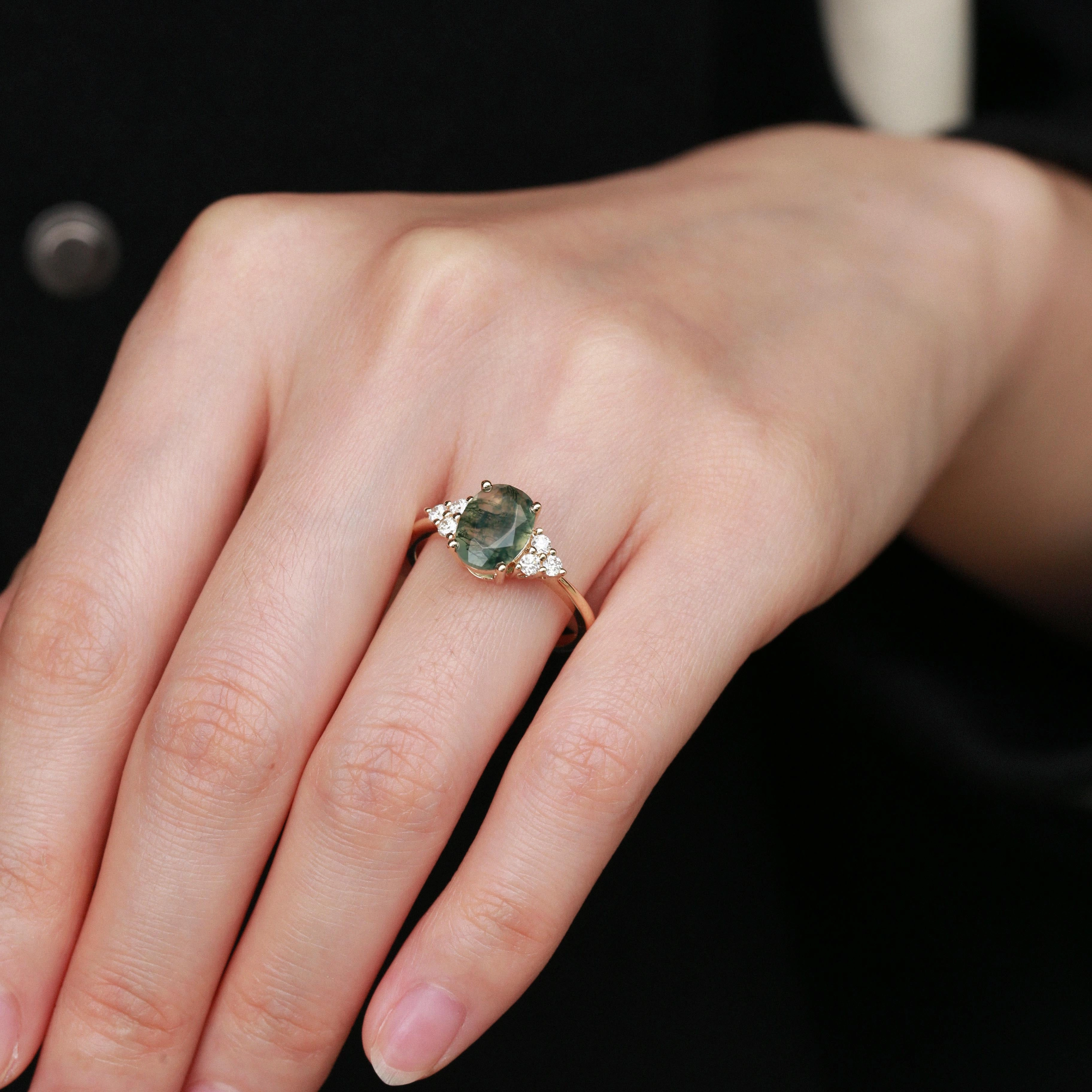 Oval Moss Agate Classic Cluster Engagement Ring - Aurora Special Celebration family event
