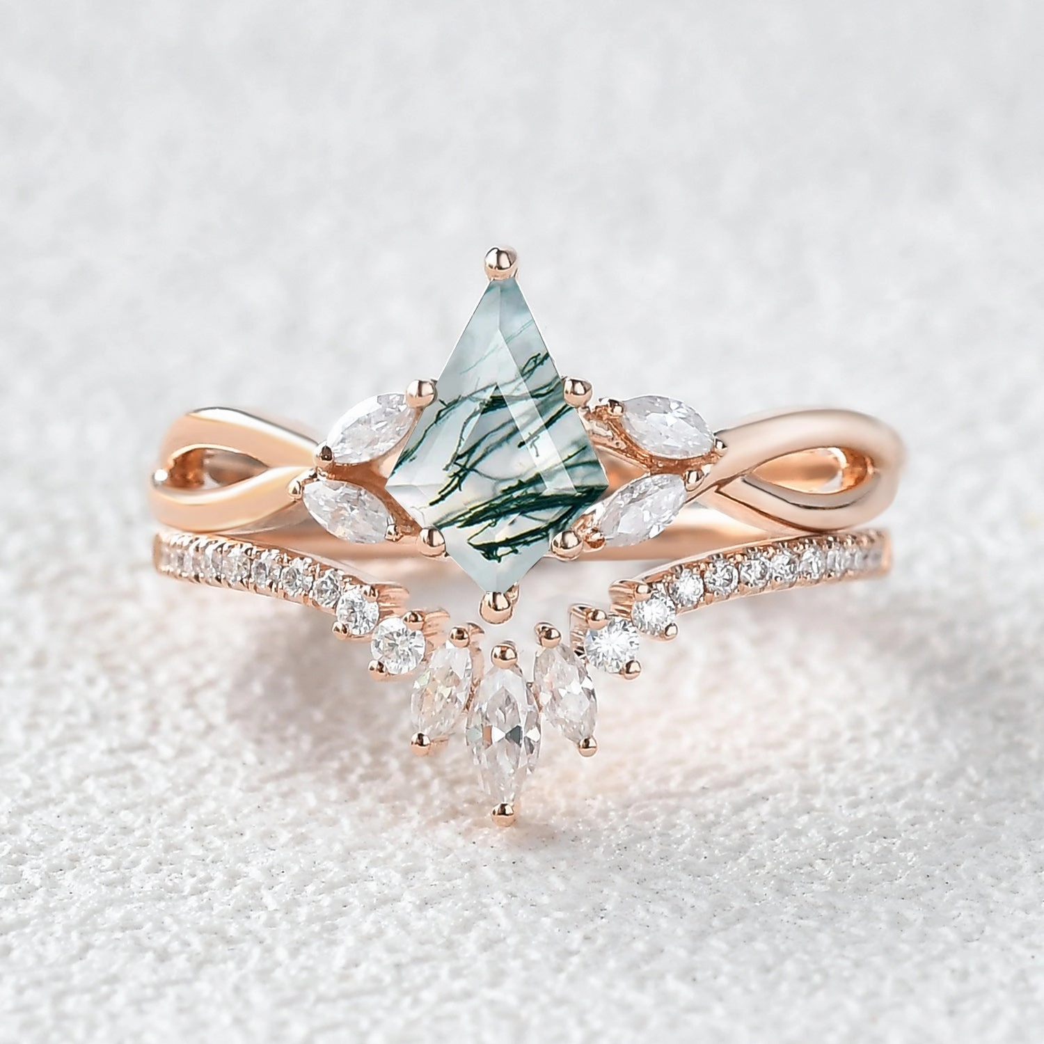 1.5ct Kite Shaped Black Moissanite Infinity Engagement Ring Sets 2pcs Romantic Gift