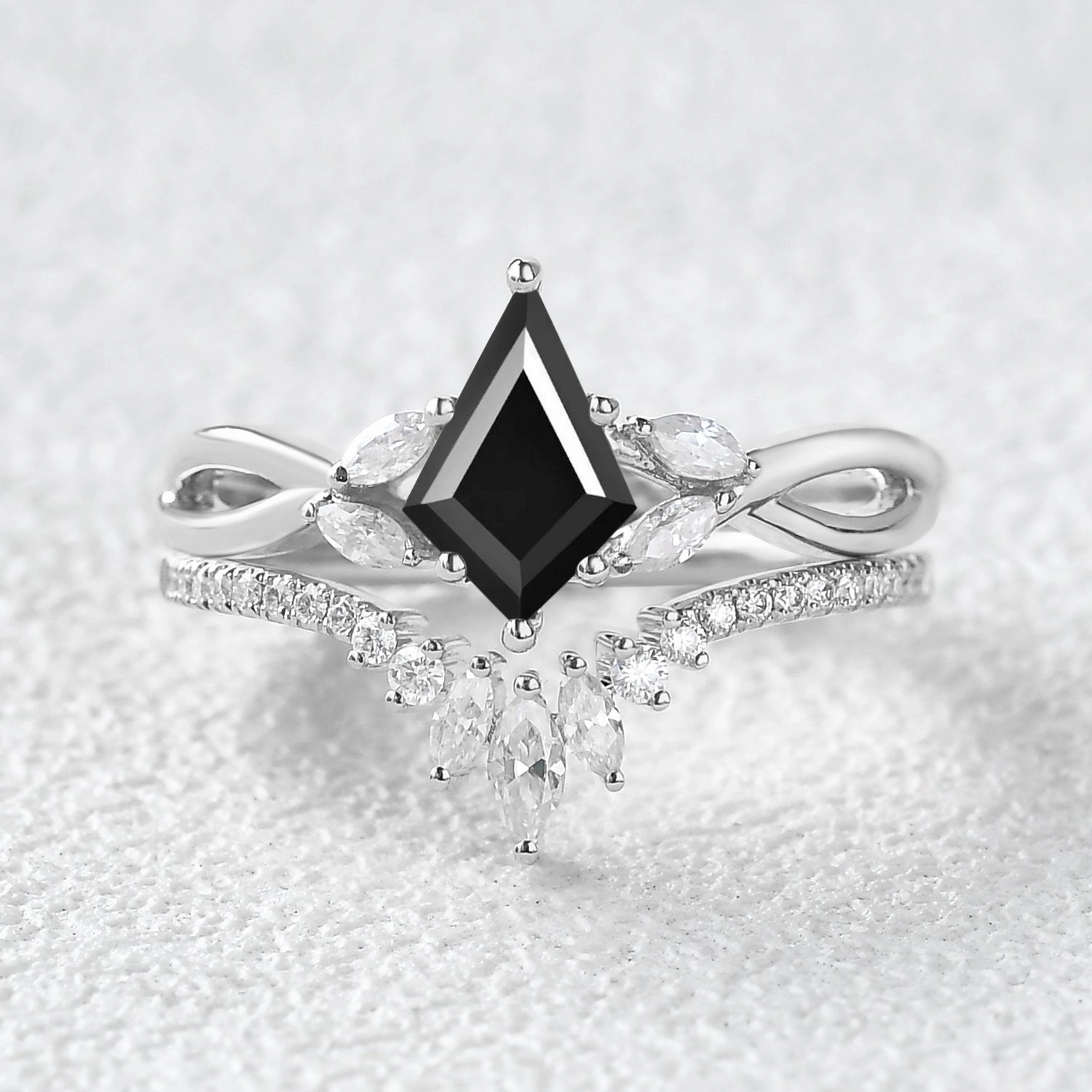 Spark Ready Modern Statement 1.5ct Kite Shaped Black Moissanite Infinity Engagement Ring Sets 2pcs