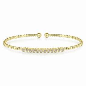 Daily Gift Expressive Style 14K Yellow Gold Bujukan Bead Cuff Bracelet with Bezel Set Diamond Stations