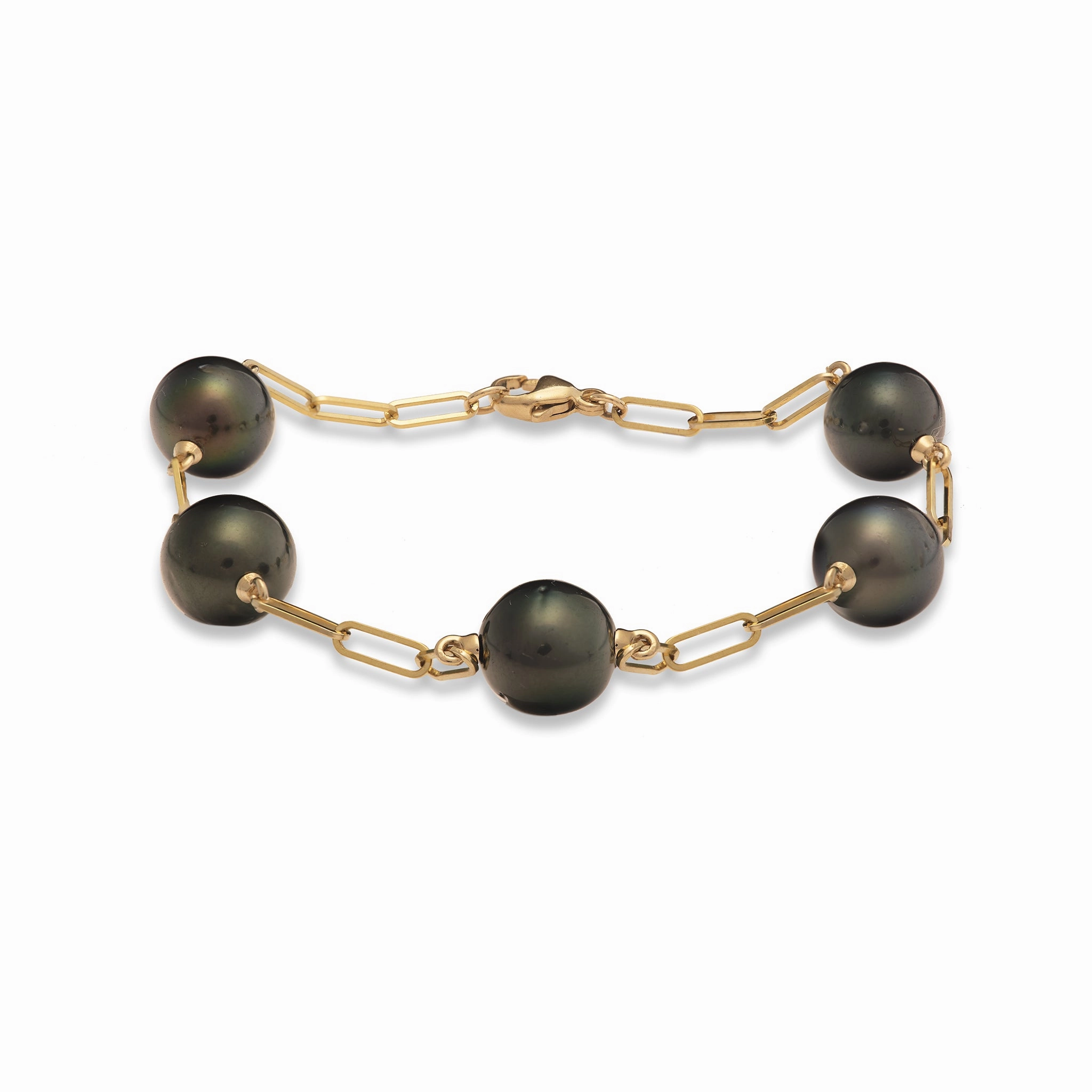 7.5-8" Paperclip Chain Tahitian Black Pearl Bracelet in Gold - 9-10mm Clean Vibe