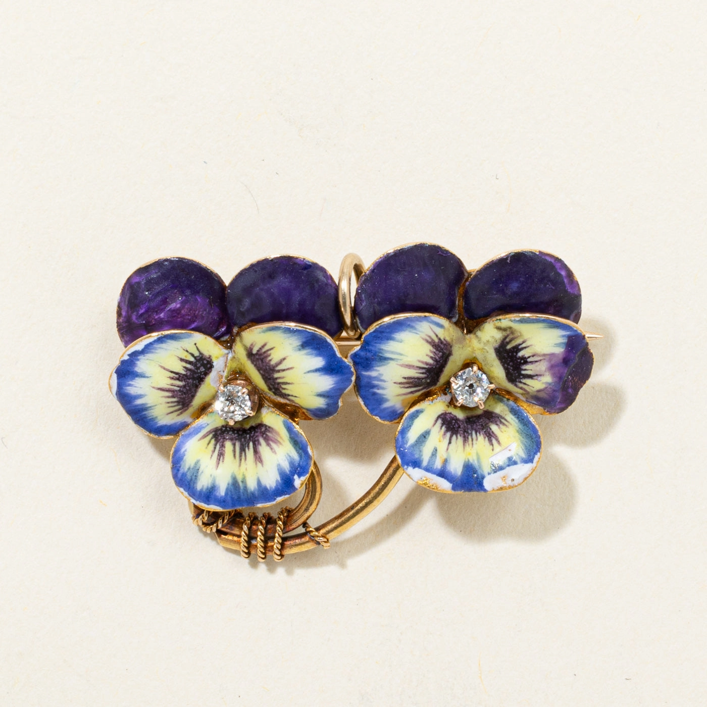Circa 1900 Diamond & Enamel Pansy Convertible Pendant & Brooch | 0.07ctw Timeless Layer Daywear Style