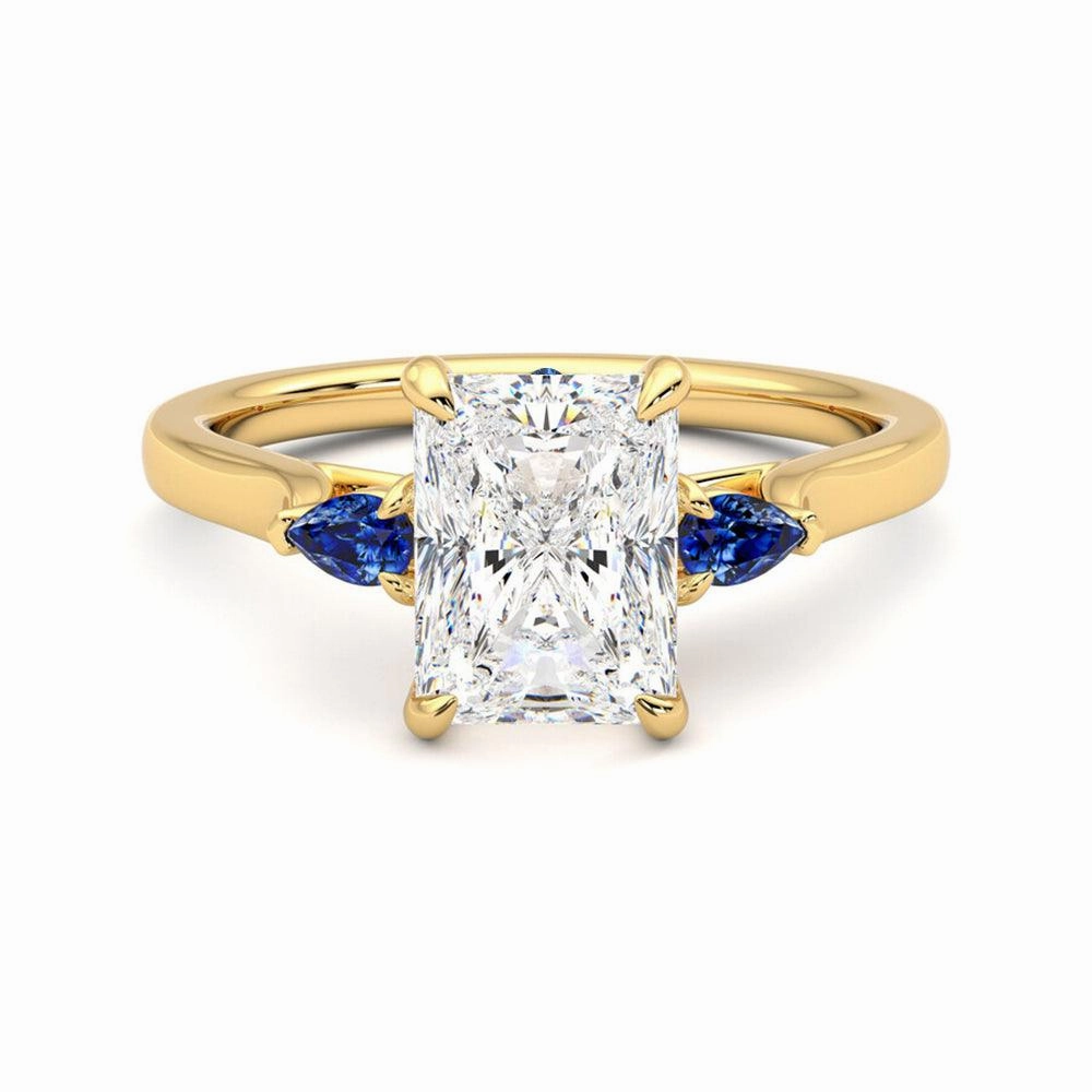 Minimal Look Three Stone Radiant Cut Moissanite Engagement Ring with Hidden Anniversary Stone Accent