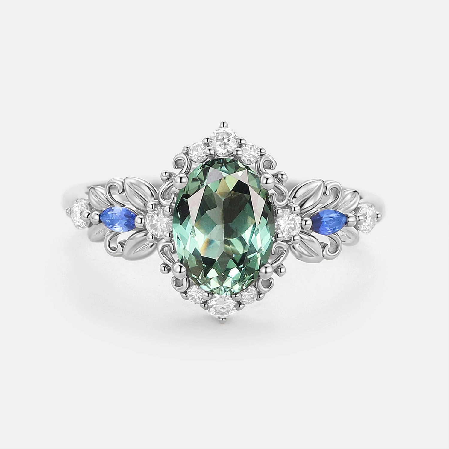 Leafy Oval Cut Lab Green Sapphire Engagement Ring - Viriditas Contemporary Craft Urban Highlight