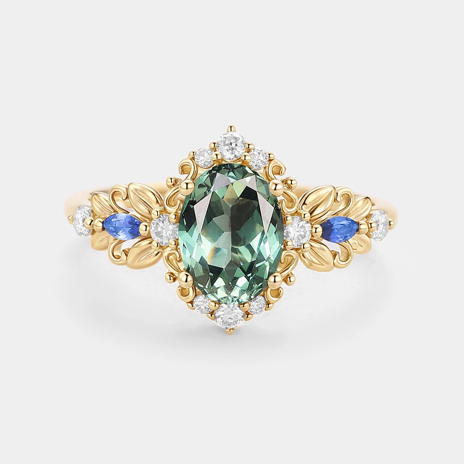 Leafy Oval Cut Lab Green Sapphire Engagement Ring - Viriditas Luxe Essentials Glow Detail