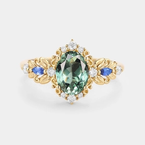 Leafy Oval Cut Lab Green Sapphire Engagement Ring - Viriditas Luxe Essentials Glow Detail