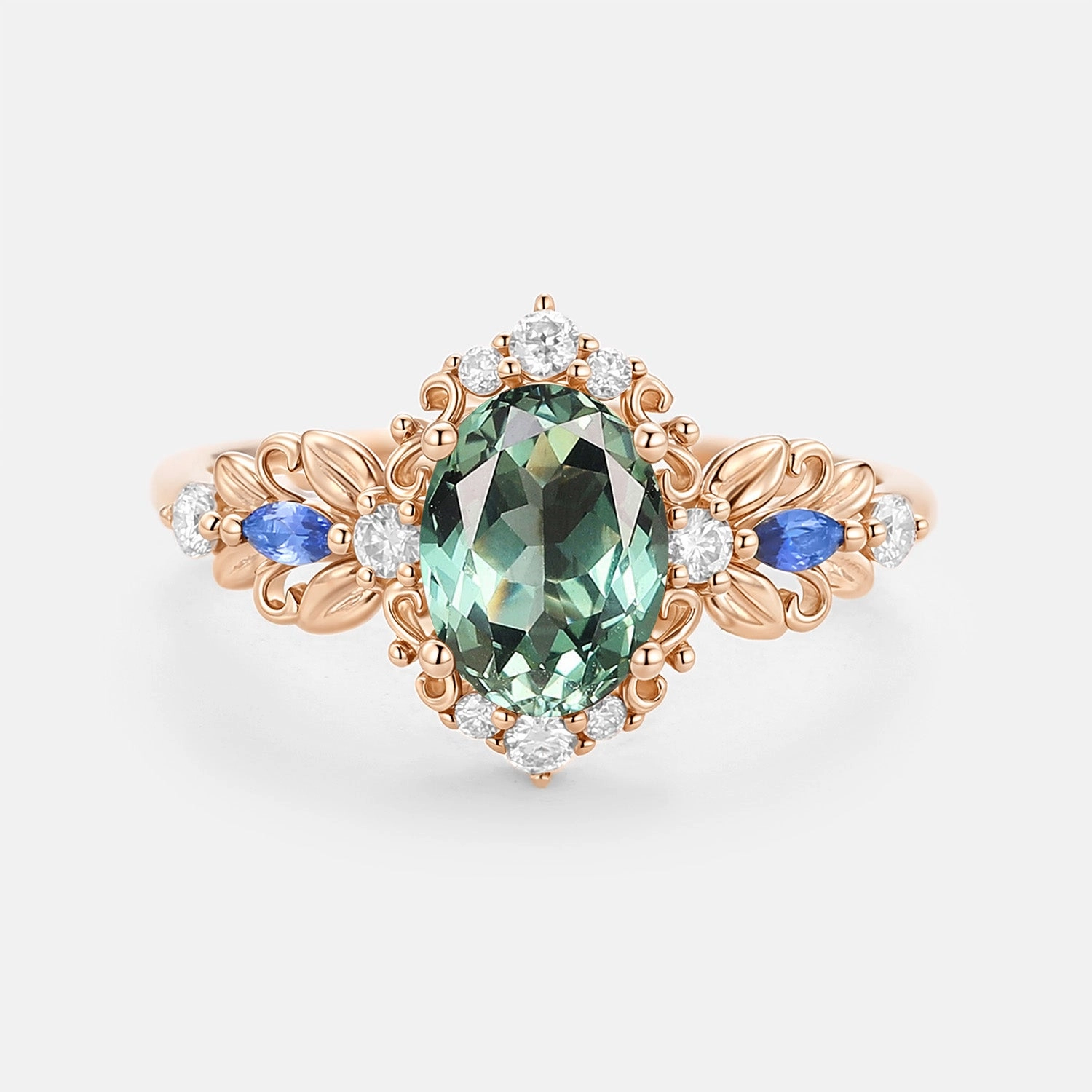 Subtle Feature Leafy Oval Cut Lab Green Sapphire Engagement Ring - Viriditas