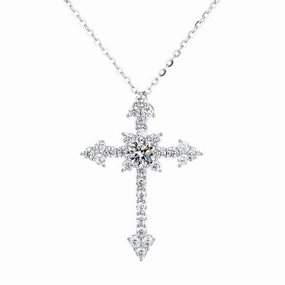 1 Carat Cross Pendant Moissanite Necklace in 925 Sterling Silver Soft Accent