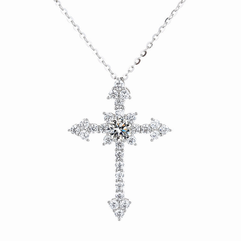 1 Carat Cross Pendant Moissanite Necklace in 925 Sterling Silver Soft Accent