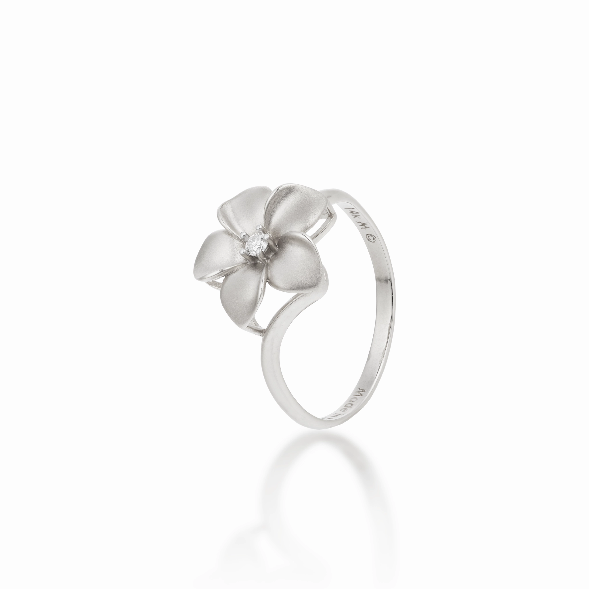 Delicate Craft Lightweight Accent Plumeria Ring in White Gold with Diamond - 13mm