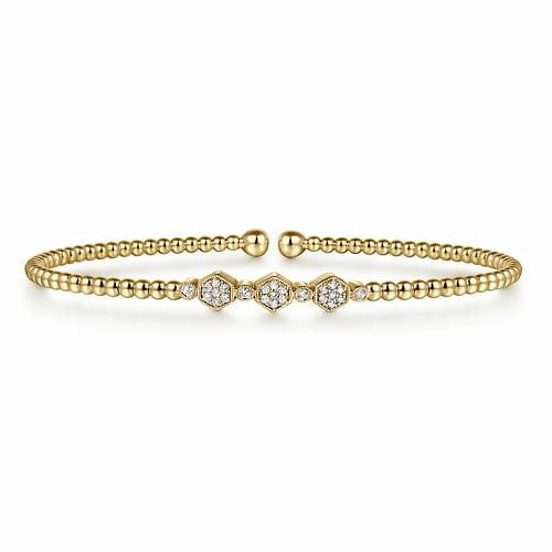 Modern Elegance Radiant Design 14K Yellow Gold Bujukan Bead and Hexagon Cluster Diamond Bangle