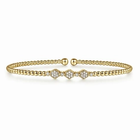 Modern Elegance Radiant Design 14K Yellow Gold Bujukan Bead and Hexagon Cluster Diamond Bangle