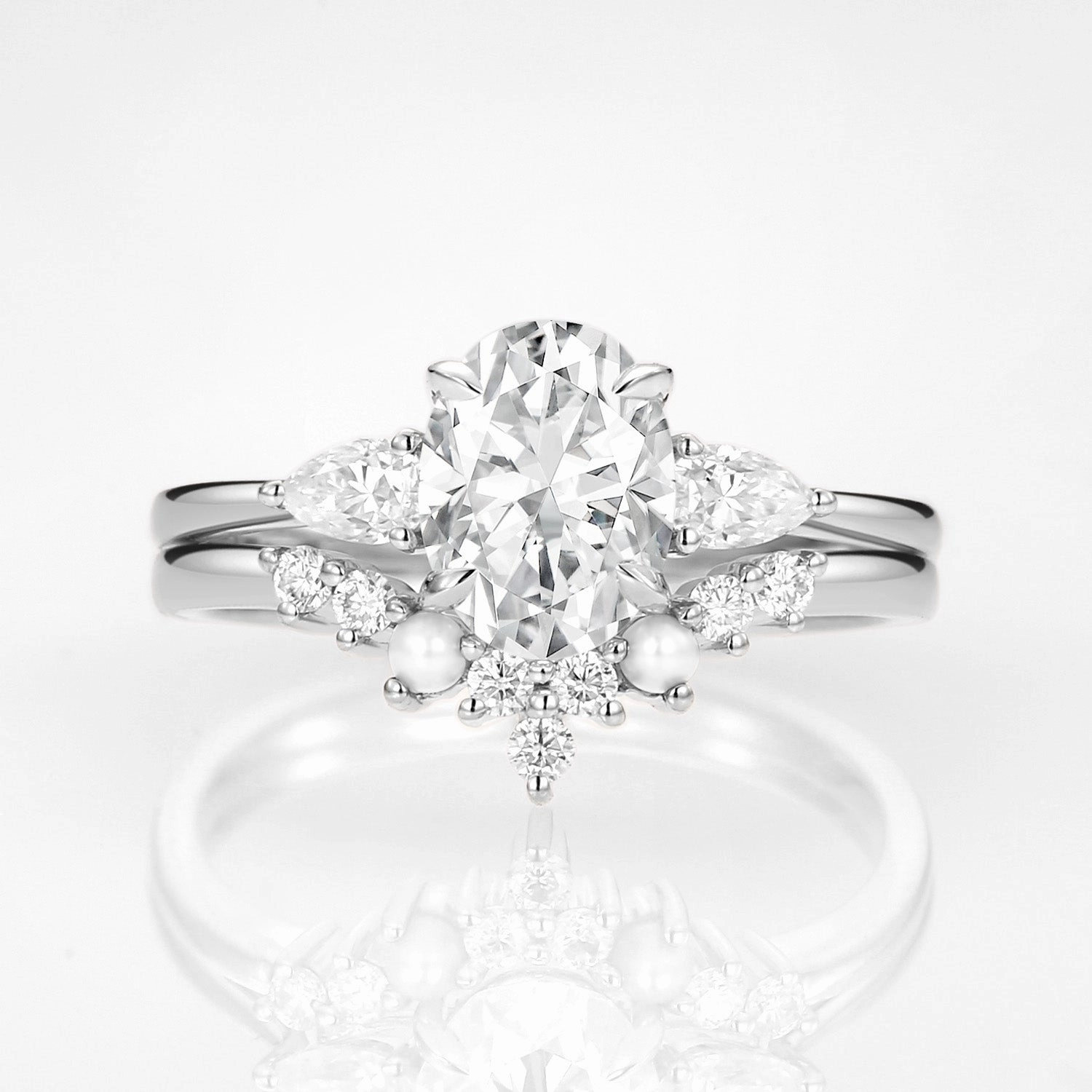 Oval Cut Moissanite & Pearl Vintage Ring Set 2pcs - Nancy Masculine Bold Custom Feel