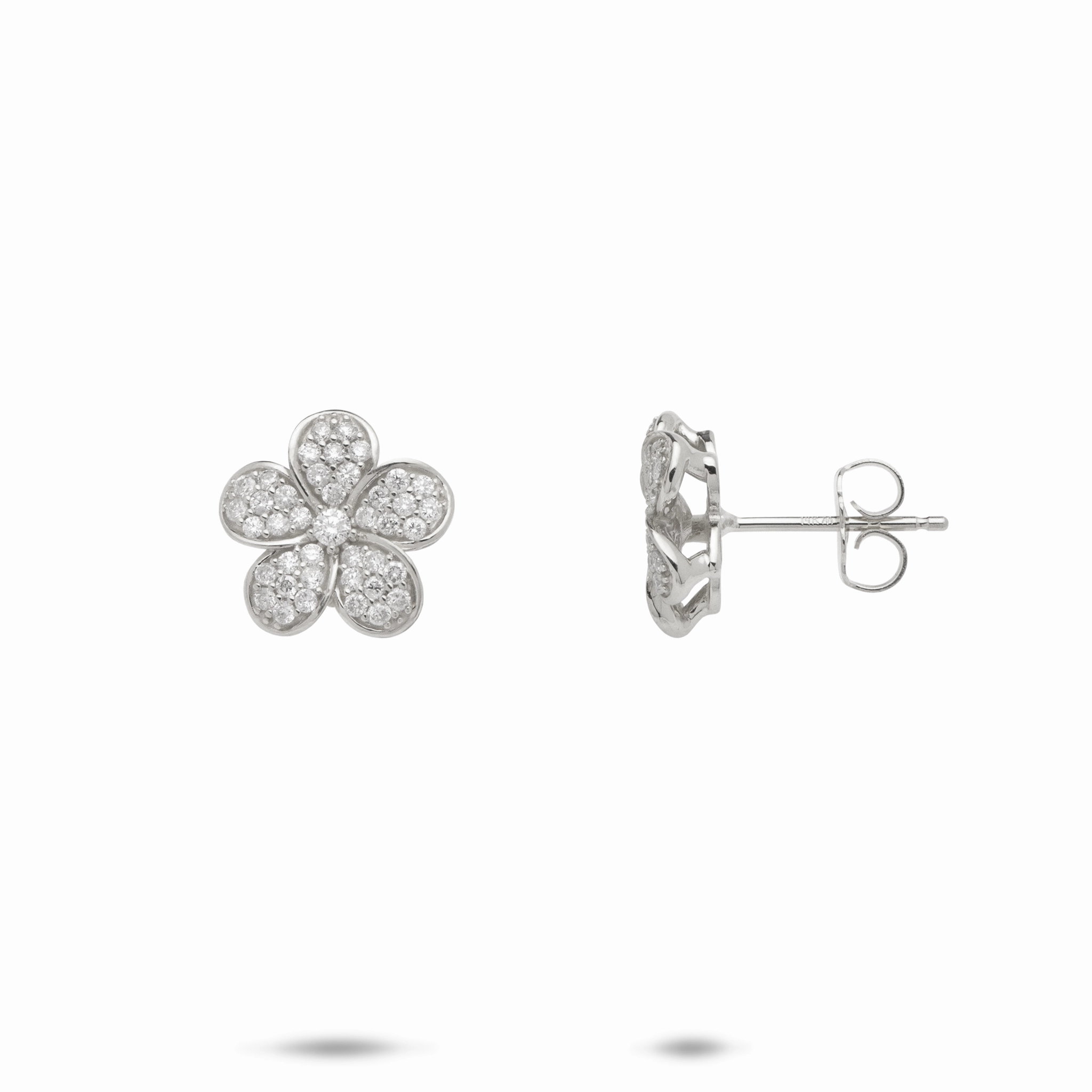 Plumeria Earrings in White Gold with Diamonds - 11mm Graceful Highlight Soft Shadow