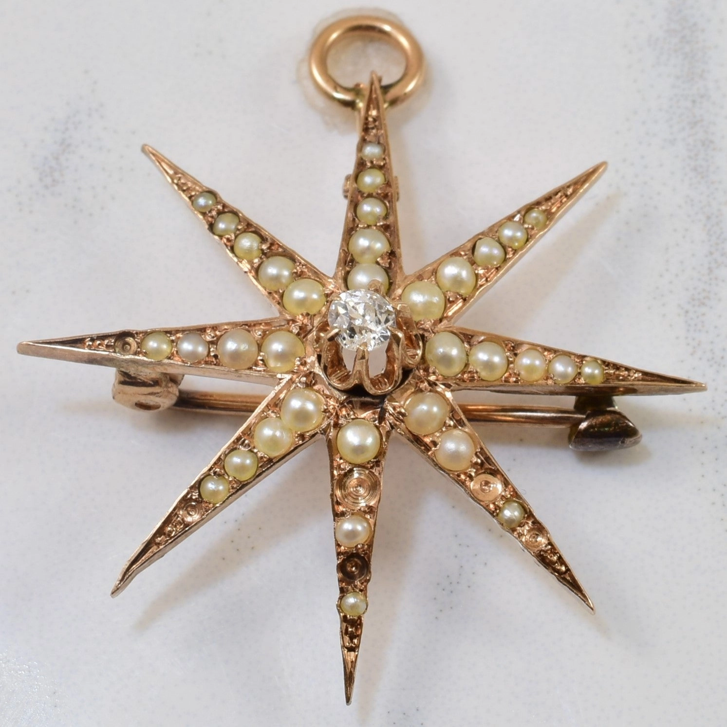 Silky Finish Flat Shot Edwardian Seed Pearl & Diamond Star Brooch/Pendant | 0.50ctw, 0.07ct |
