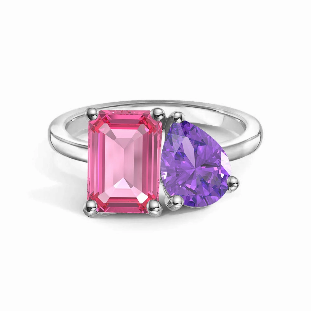 Elegant Shine Toi et Moi Personalized Pink Tourmaline Birthstone Anniversary Ring