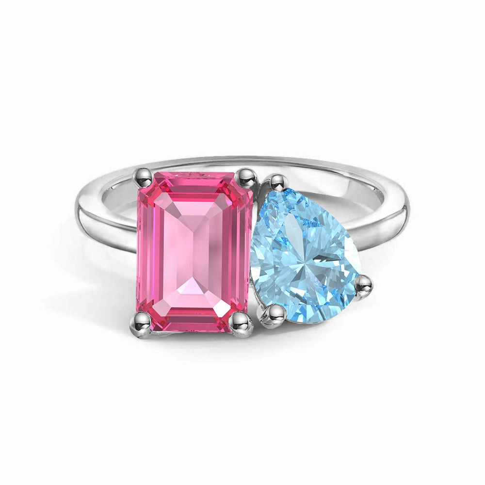 Power Look Daily Classic Toi et Moi Personalized Pink Tourmaline Birthstone Anniversary Ring