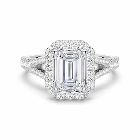 Gleam Accent Emerald Cut Split Shank Moissanite Halo Engagement Ring