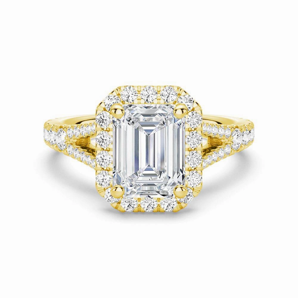 Clean Detail Festive Touch Emerald Cut Split Shank Moissanite Halo Engagement Ring