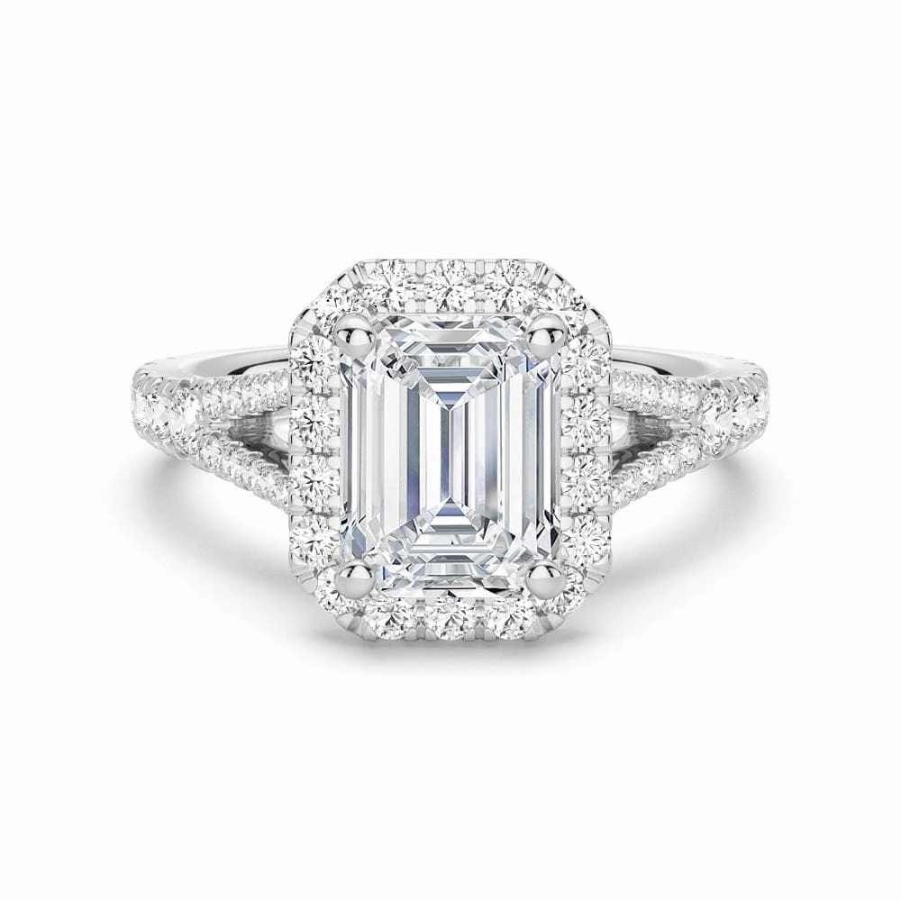 Silky feel Emerald Cut Split Shank Moissanite Halo Engagement Ring