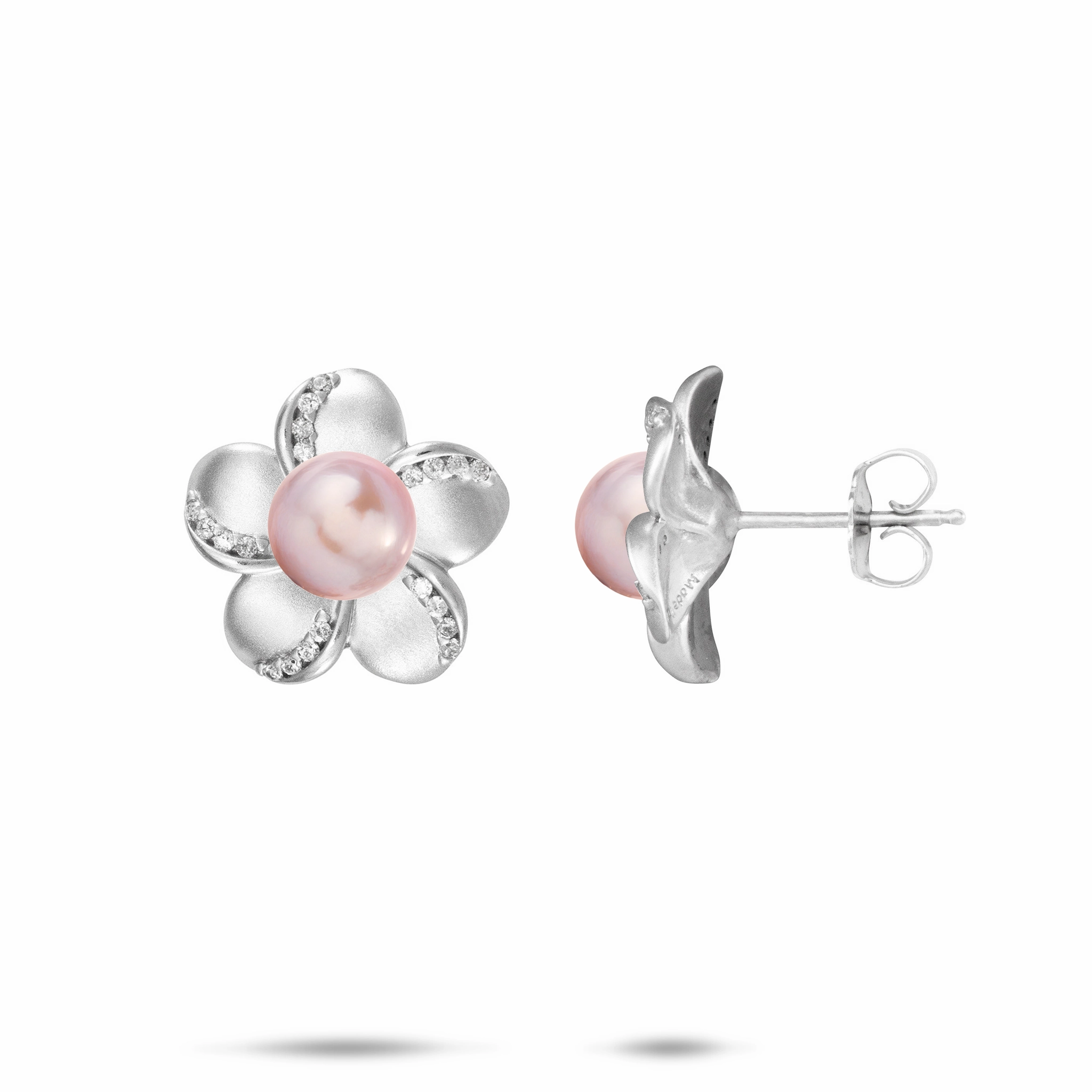Everyday Essential Pick A Pearl Plumeria Earrings in Sterling Silver with Cubic Zirconia - 15mm