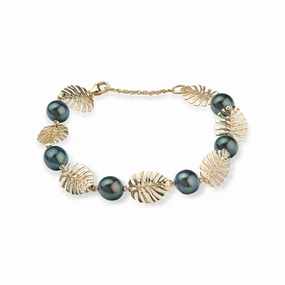 Graceful Detail 7.5-8.5" Adjustable Monstera Tahitian Black Pearl Bracelet in Gold - 8-9mm