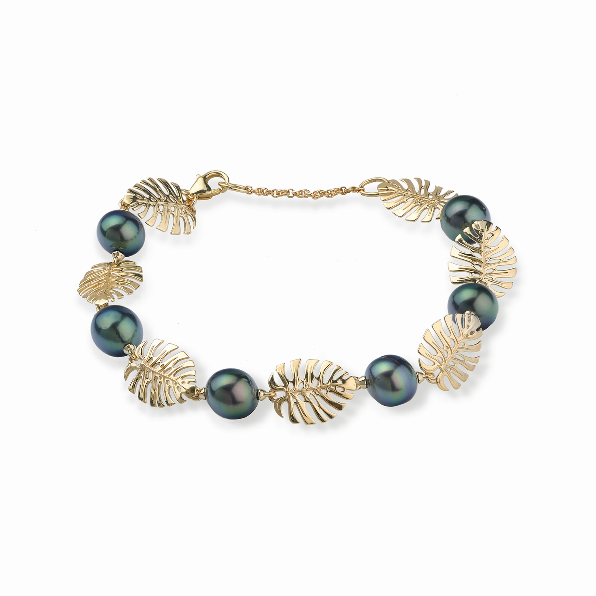 7.5-8.5" Adjustable Monstera Tahitian Black Pearl Bracelet in Gold - 8-9mm Gold Accent Elegant Line