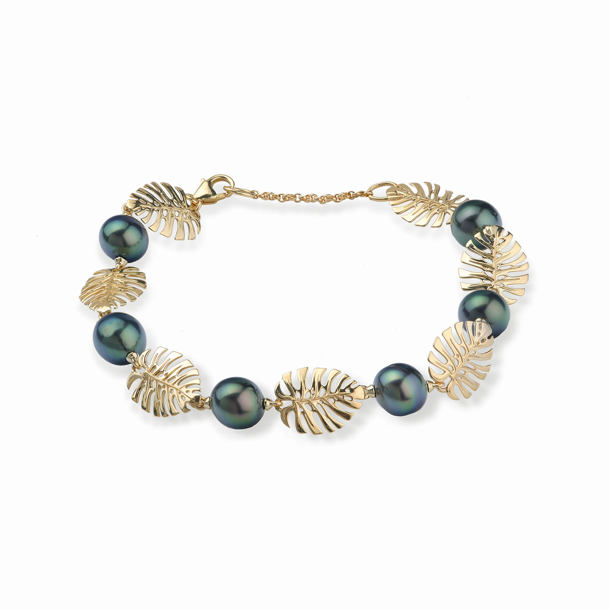 7.5-8.5" Adjustable Monstera Tahitian Black Pearl Bracelet in Gold - 8-9mm Soft Geometry Glam Finish