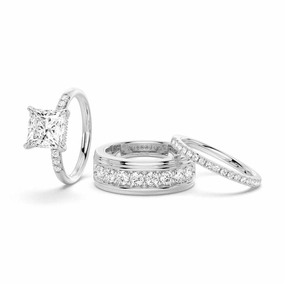 All Day Spark Princess Cut Hidden Halo Moissanite Couple's Ring Set with Men's Wedding Band