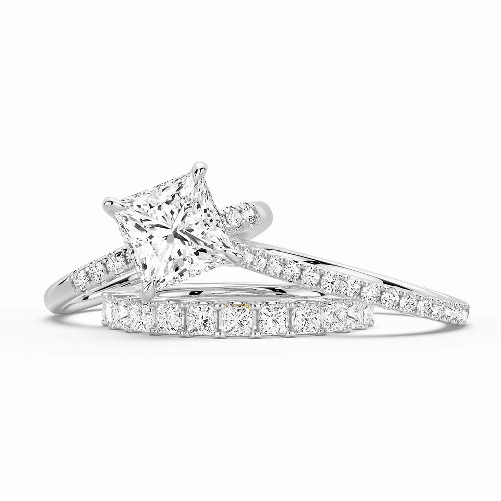 Luxury Aura Layered Combo Princess Cut Hidden Halo Moissanite Ring Set with Matching Stacking Band