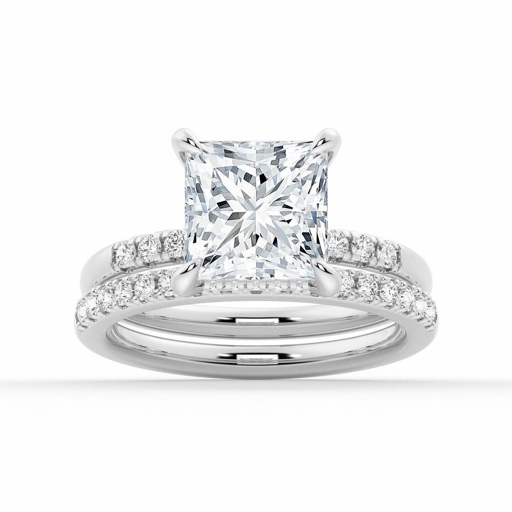 Gleaming Sparkle Artisan Touch Princess Cut Hidden Halo Moissanite Ring Set with Matching Wedding Band