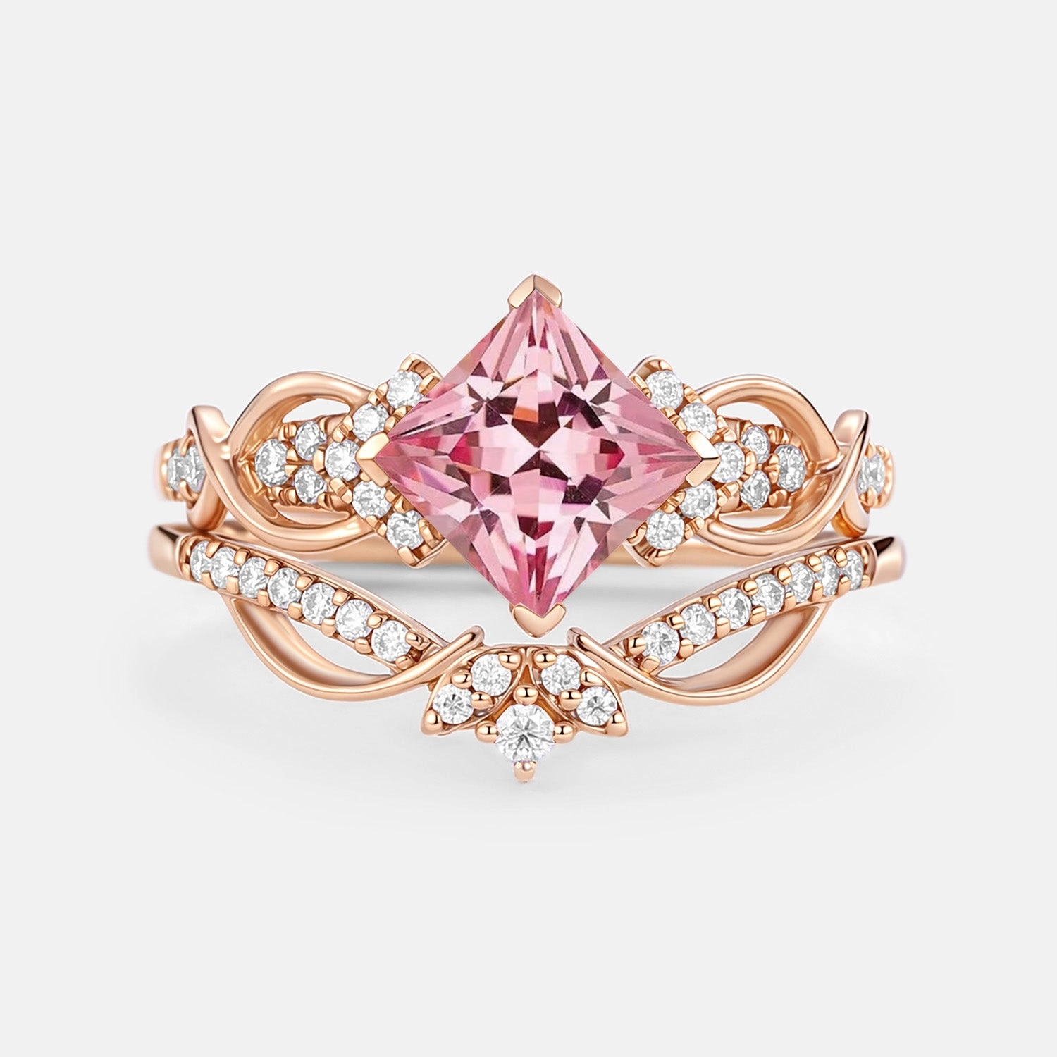 Princess Cut Lab Pink Sapphire Twist Engagement Ring Set 2pcs - Zennia Top Pick Weekend Vibe