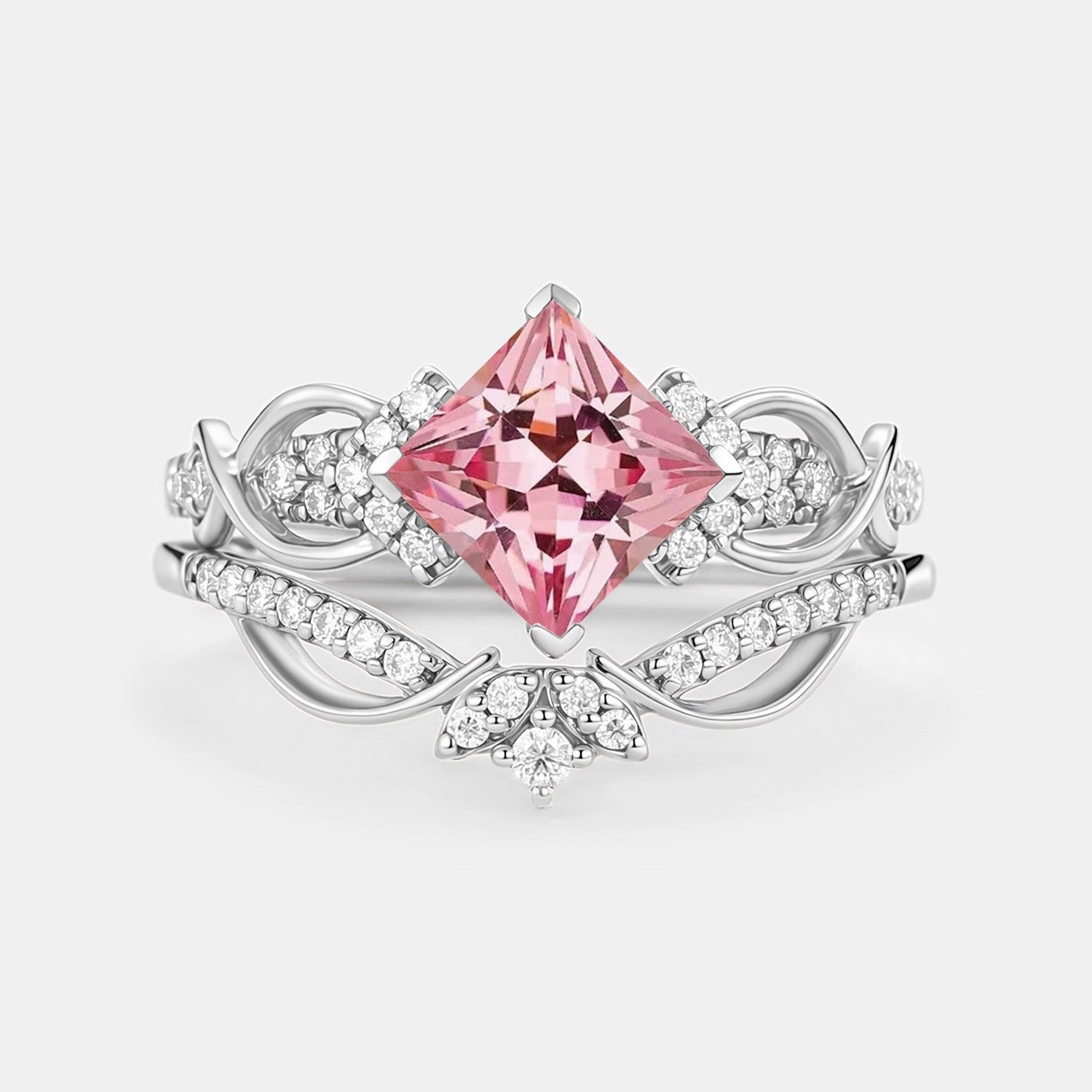 Glam Glow Princess Cut Lab Pink Sapphire Twist Engagement Ring Set 2pcs - Zennia