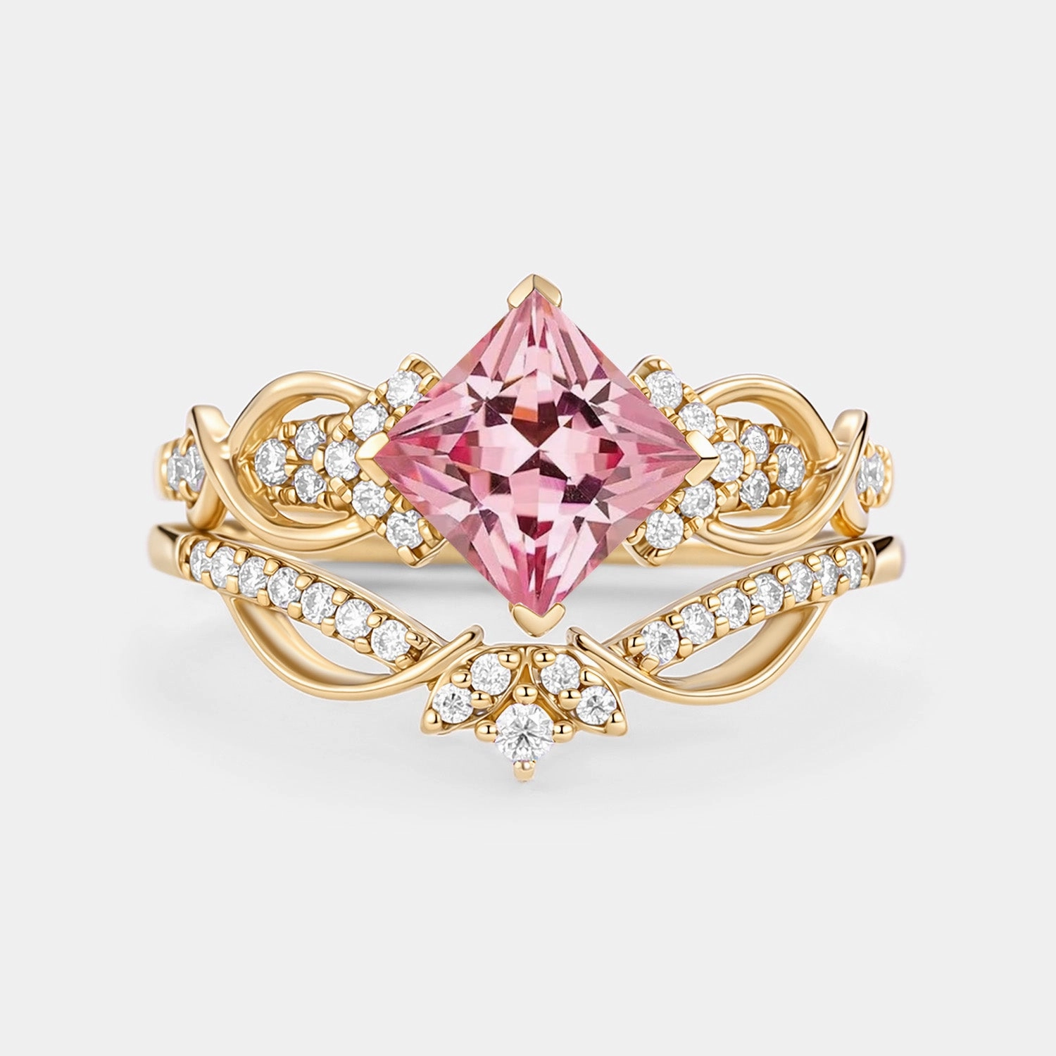 Princess Cut Lab Pink Sapphire Twist Engagement Ring Set 2pcs - Zennia Artistic Accent Artistic Mood