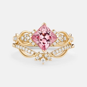 Princess Cut Lab Pink Sapphire Twist Engagement Ring Set 2pcs - Zennia Everyday Finish