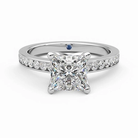 Princess Cut Moissanite Engagement Ring with Hidden Anniversary Stone and Channel Set Side Stones Night Detail
